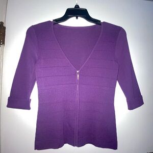 Cable & Gauge Purple Knit Top Plunge V-Neck Full Zip Elbow Sleeve Elegant Sz S/P